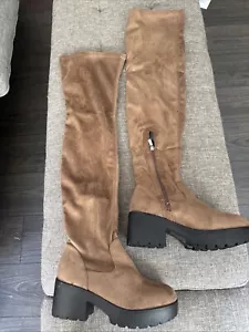 Thigh Boots Womens With Stretch Top Zipper On Side Half Brown Chunk Heel 11 - Picture 1 of 7