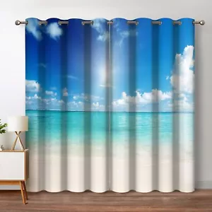 Ocean Beach Blackout Curtains Tropical Blue Sky Cloud Sunshine Seascape Ocean De - Picture 1 of 7