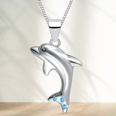 Delfin Kette 925 Sterling Silber Zirkonia Blau Mädchen Kinder Delfine Halskette - Bild 1 von 4