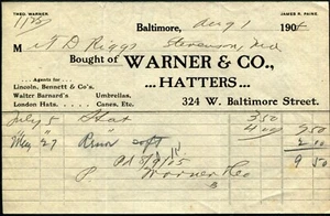 BALTIMORE, MD ~ Warner & Co., Hatters, Umbrellas, Canes, etc. ~ Billhead 1904 - Picture 1 of 1