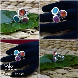 Handmade peruvian ring 950 silver w/ 3 circular stones/shells Size 7.5 - Picture 1 of 6