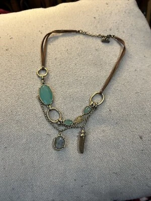 KENNETH COLE NECKLACE LEATHER STONE SILVERTONE ABSTRACT STATEMENT PIECE BOHO - Image 1 of 4