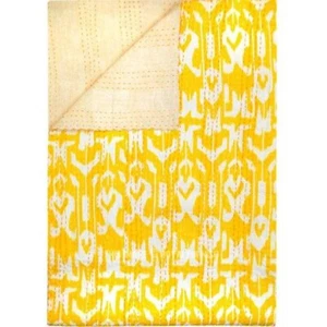 Indian Cotton Kantha Quilt Bedspread Blanket Ikat pattern Kantha Yellow Gudri - Picture 1 of 4