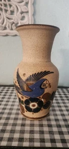Tonala Mexican Folk Art Sandstone 9 1/4" Blue Bird Pottery Vase Signed - Picture 1 of 6
