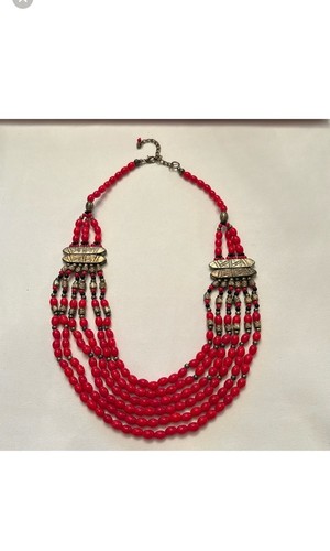 VETEMENTS Collana donna vetro rosso perline fili stratificati circa Bigiotteria costume 11"