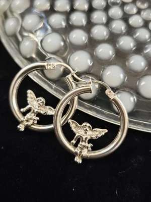 Sterling Silver 925 Cherub Angels Classic Hoop Earrings Pierced - Image 1 of 4