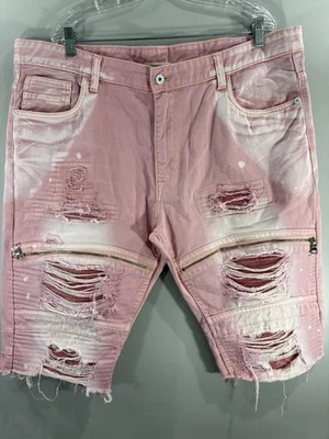 Smoke Rise Distressed 牛仔短裤 44 Moto 拉链 骑手 破损 街道 粉红色 — 第 1/4 张图片