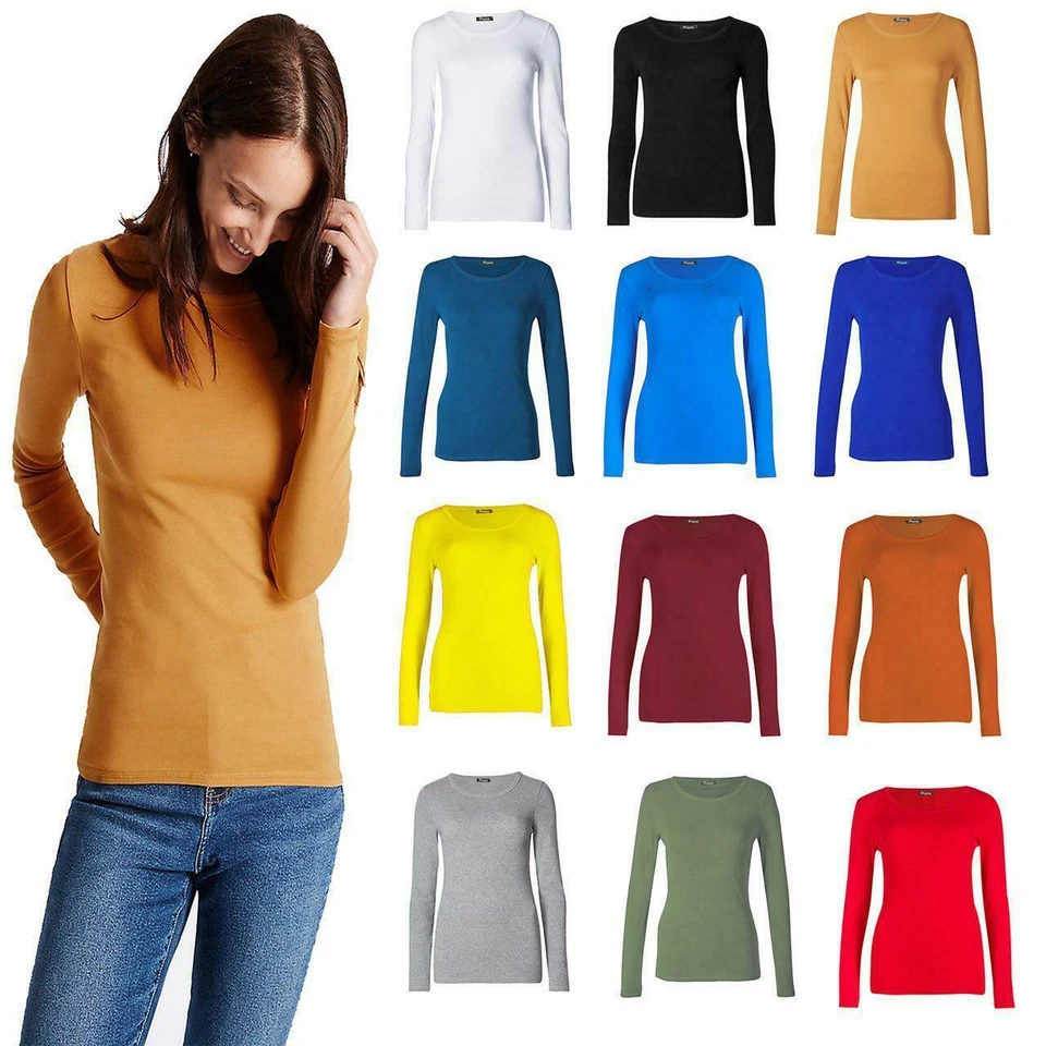 Ladies Long Sleeve T-Shirt Women Round Neck Plain Basic Top Plus Size 8 - 26 - Image 1 of 1