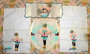 Vintage 40s New Risque Naughty Bathroom Linen Set Woman Girdle Undressing - Picture 1 of 9