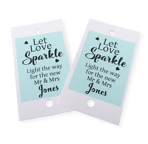 PERSONALISED PALE BLUE WHITE CARD LET LOVE SPARKLE WEDDIN TAGS #027 - Picture 1 of 3