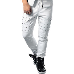 Uomo Slim Ecopelle con Borchie Pantaloni Discoteca Bagnato Look Showman Costume