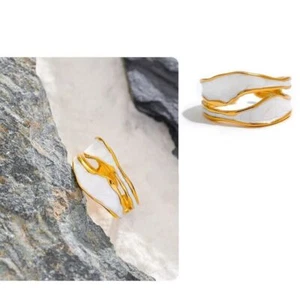 18k Yellow Gold Plated Solid Antique White\Black Ring Adjustable Enamel Jewelry - Picture 1 of 13