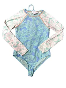 Hobie Girls Size 14 Hawaiian Tropical Swimsuit Long Sleeve One-Piece SPF Blue - Picture 1 of 5