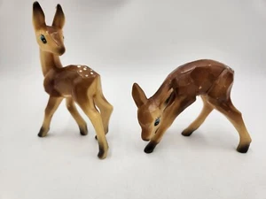 Vintage Set of 2 Hard Carved Cubist Plastic Bambi Deer w/Big Eye Figurines - Picture 1 of 18