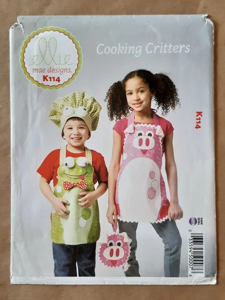 KWIK SEW - 114 COOKING CRITTERS CHILDS APRON BAKING HAT PIG FROG ELLIE MAE UNCUT - Image 1 of 2