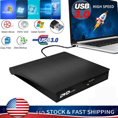 USB3.0 Slim CD/DVD Drive RW Disc Player Burner Reader For Laptop PC Mac Win78 10 - Image 1 of 4