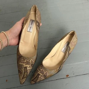 Jimmy Choo 39.5 Tan And Brown Paisley Kitten Heels - Picture 1 of 7