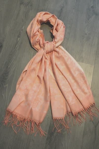 Silk Accent Scarf 72x29" Peach Color-on-Color Floral Fringe Pashmina-Style Wrap - Picture 1 of 13