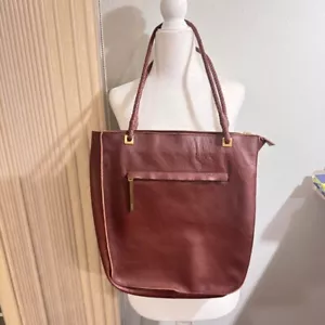 Via Spiga Leather Tote Bag Braided Straps Zip Pocket Burgundy 13x11x3" EUC - Picture 1 of 10