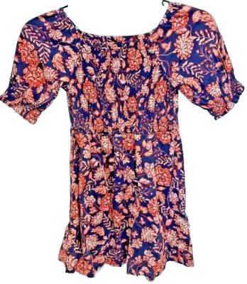 Old Navy Girls Dress 6/7 Smocked Blue Red Floral Puffed Sleeve Round Neck - Image 1 of 4