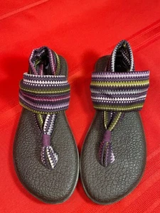 Sanuk Yoga Sling Sandals Women Sz 7 Purple Green White Striped Great Condition - Picture 1 of 21