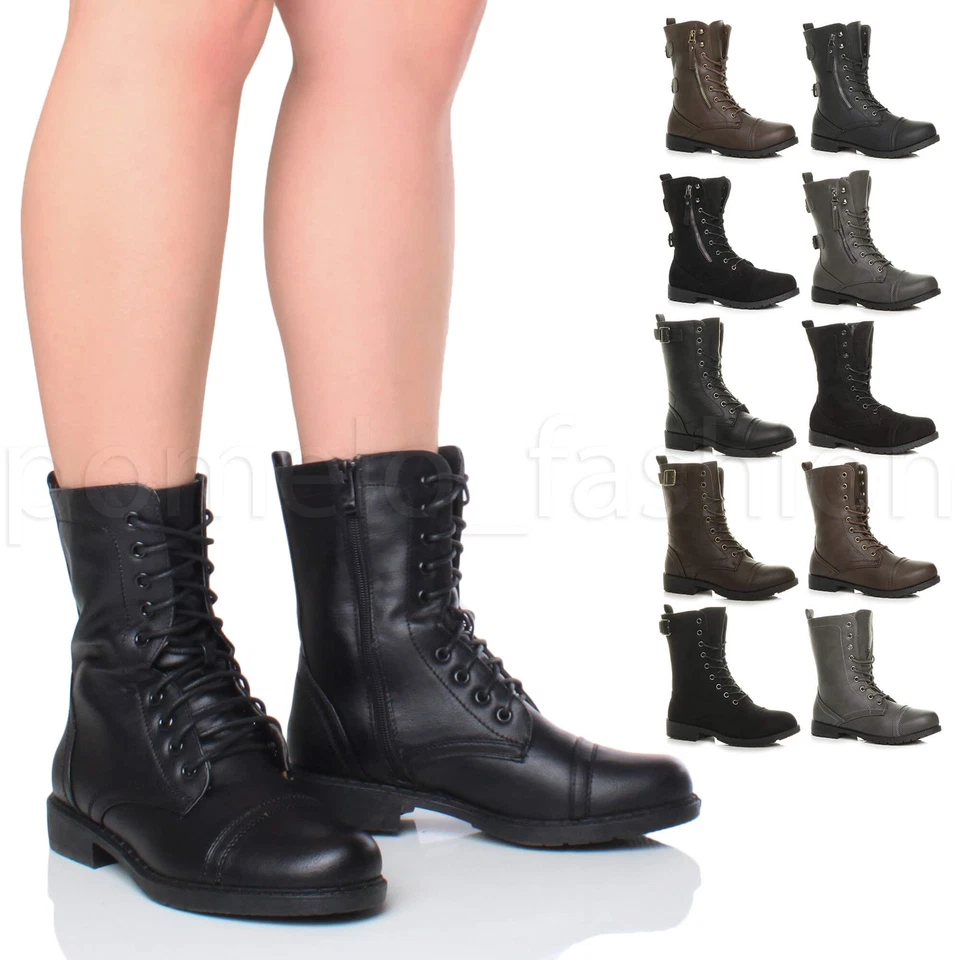 AJVANI WOMENS LADIES ZIP LACE UP BUCKLE ANKLE ARMY BIKER COMBAT MILITARY BOOTS SIZE
