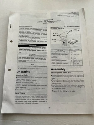 NOS GENUINE KAWASAKI WORKSHOP SET UP ASSEMBLY PREP MANUAL ZX636 ZX6R A1 2001 - Image 1 of 3