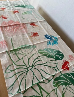 Japan traditional Chusen Hand Dye Tenugui Tapestry Wall hanging Goldfish Lotus - Image 1 of 4