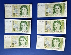 6x 5 DM Schein | 5 D Mark | 5 Deutsche Mark Scheine, Banknote 1991 - Bild 1 von 2