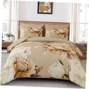 Khaki King Size Comforter Set 7 Piece Bed in a Bag King, Taupe Floral Fall - Picture 1 of 8