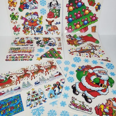 Vintage Kitschy Invierno Vacaciones Navidad Ventana Adhesivo - 7 Hojas Total Nuevo de Lote Antiguo  Foto 1 de 4