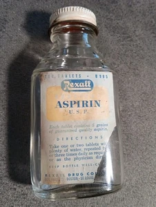 Vintage Rexall Aspirin Glasflasche mit Metallverschluss U.S.P. 4"- 100 Tabletten *LEER - Bild 1 von 10