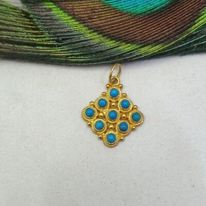 14mm Solid Gold Pendant 18k Gold Turquoise Gemstone Pendant Valentine's Day Gift - Picture 1 of 9