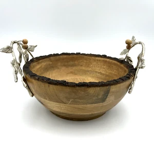 Cuenco de madera con asas de rama de hoja de metal ornamentado con borde de bayas y corteza 11,5" W - Imagen 1 de 9