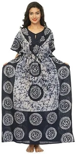 Women's Cotton Batik Caftan White Black Assorted Print Long Kaftan Maxi Dress - Picture 1 of 4