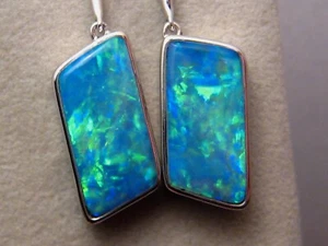 Large 8 ct. Opal Earrings , Solid 14 k White Gold ,   Brilliant  Australian Opal - Picture 1 of 13