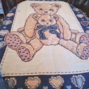 Patchwork Bears Tapestry Throw Afghan Blanket Cotton Hearts - Picture 1 of 4