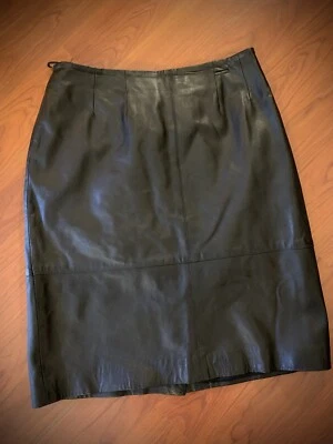 Womens 90s VTG Black Leather Skirt Knee Length Fully Lined Slit Soft! Goth - Image 1 of 4