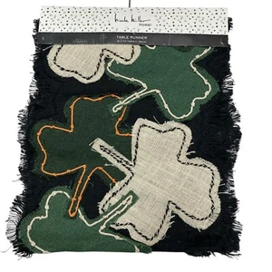 Nicole Miller Home Table Runner Shamrock Clover St Patrick Burlap Stitched 16x72 - Picture 1 of 5