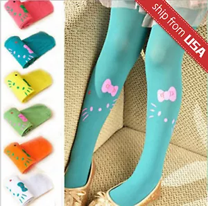 Girls Baby Stretch Color Stockings Tights Pants Warm Cute Cat Bow Tie 5-10 years - Picture 1 of 28