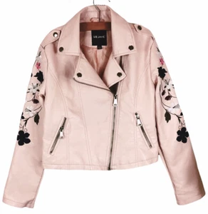 Me Jane Girl’s Embroidered Pink Faux Leather Moto Jacket Lined Zip Pockets L/12 - Picture 1 of 7