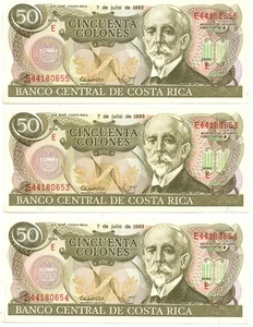 COSTA RICA 3x50 COLONES BCCR 1993 SERIE E CONSECUTIVOS - Picture 1 of 2