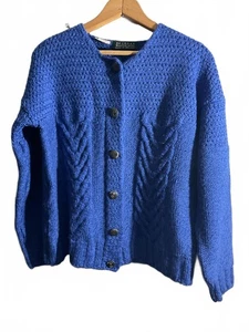 Blarney Woll Mills Ireland Schurwolle Grobstrick Blau Zopfmuster Cardigan Pullover L - Bild 1 von 12