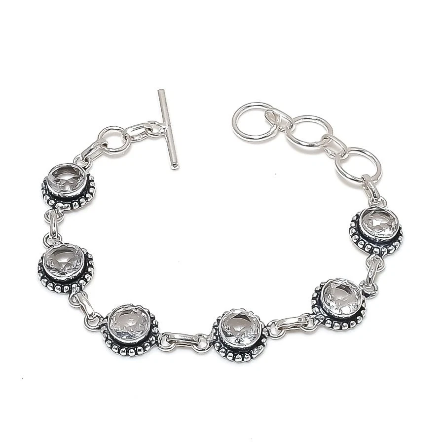 Brazalete de joyería de plata de ley 925 hecho a mano con piedras preciosas de topacio blanco tamaño 7-8" Foto 1 de 1