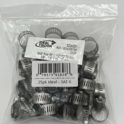 NEW!! 25 Pack Ideal 3/8 in. To 7/8 in. Stainless Steel Hose Clamp Tridon SAE 6 - Image 1 of 4