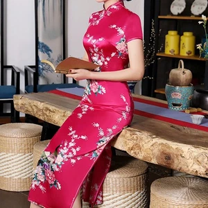 Chinese Print Women Cheongsam Traditional Long Dress Slim Split Standing Collar - Picture 1 of 24