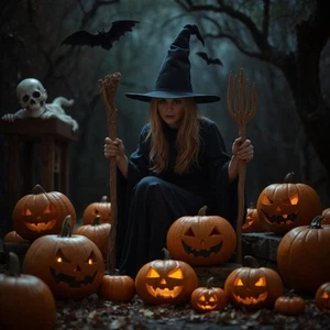 Tarjeta de arte ACEO joven bruja de Halloween rodeada de calabazas y un fantasma - Imagen 1 de 1