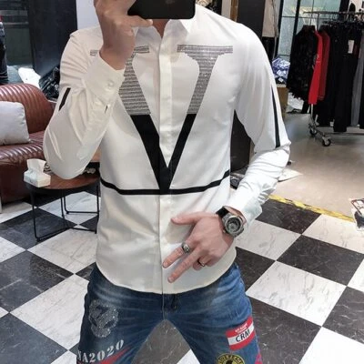 Camisa de lujo para hombres con estrás manga larga con botones ajustada de moda informal de negocios Foto 1 de 4