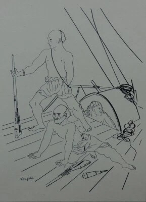 FOUJITA :  Les pirates, LITHOGRAPHIE noir et blanc signée, 1928 - Photo 1/4