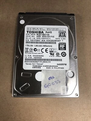 Toshiba MQ01ABD100 1TB SATA  2.5" 9MM Internal Hard Drive 05 NOV 2014 (GC033) - Image 1 of 2